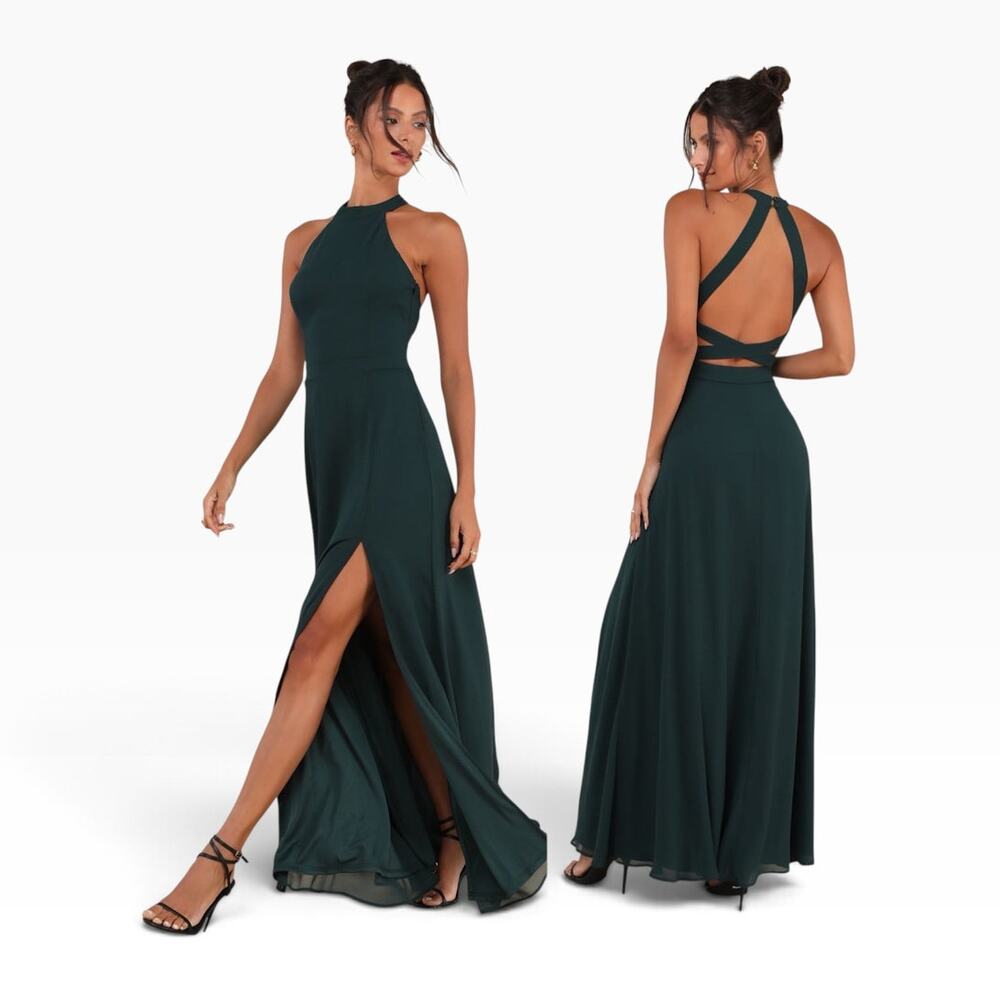 Lulus Confidently Charismatic Emerald Backless Halter Maxi Dress size M NWT